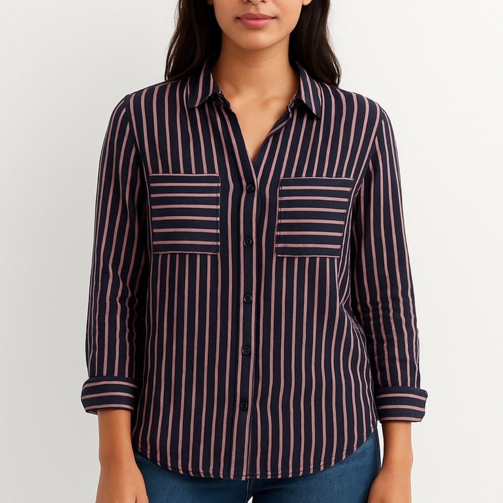 Promod Navy and Pink Striped Button-Down Shirt